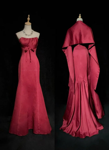 Glamorous Prom Dresses Mermaid Sweetheart Hot Pink Satin With Cape Long Formal Dress N2888