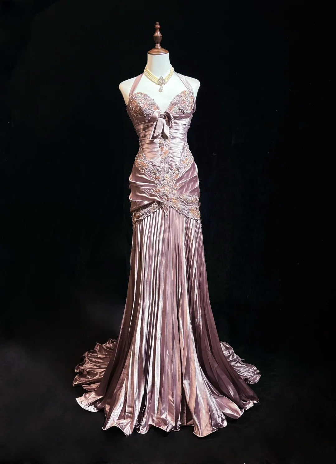 Vintage Abschlussballkleider 80er Meerjungfrau Neckholder Rosa Satin mit Rüschen Lange Abendoutfits N3452