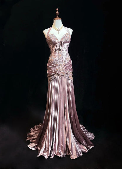 Vintage Abschlussballkleider 80er Meerjungfrau Neckholder Rosa Satin mit Rüschen Lange Abendoutfits N3452