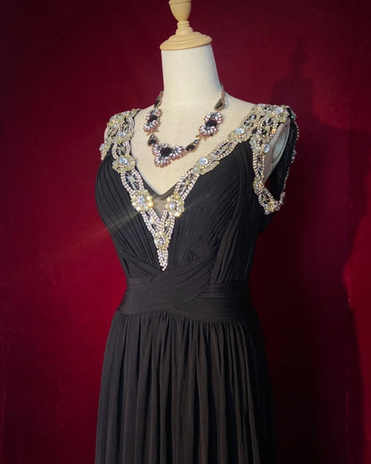 Vintage Prom Dresses 80s A line V Neckline Black Tie Dress Backless Chiffon Evening Outfits N3473