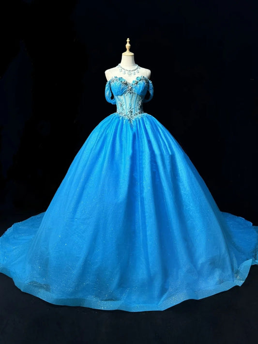 Prinzessin Ballkleid schulterfrei blauer Tüll mit applizierter Spitze Sweet 16 Kleider Quinceanera Kleid RB3289