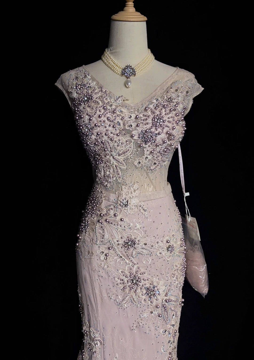 Robes de bal vintage des années 80 sirène col en V rose dentelle applique longues tenues de soirée formelles N3481