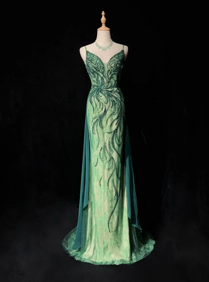 Vintage Ballkleider Meerjungfrau Spaghettiträger Grün Perlen 90er Lang Formelles Abendkleid N2649