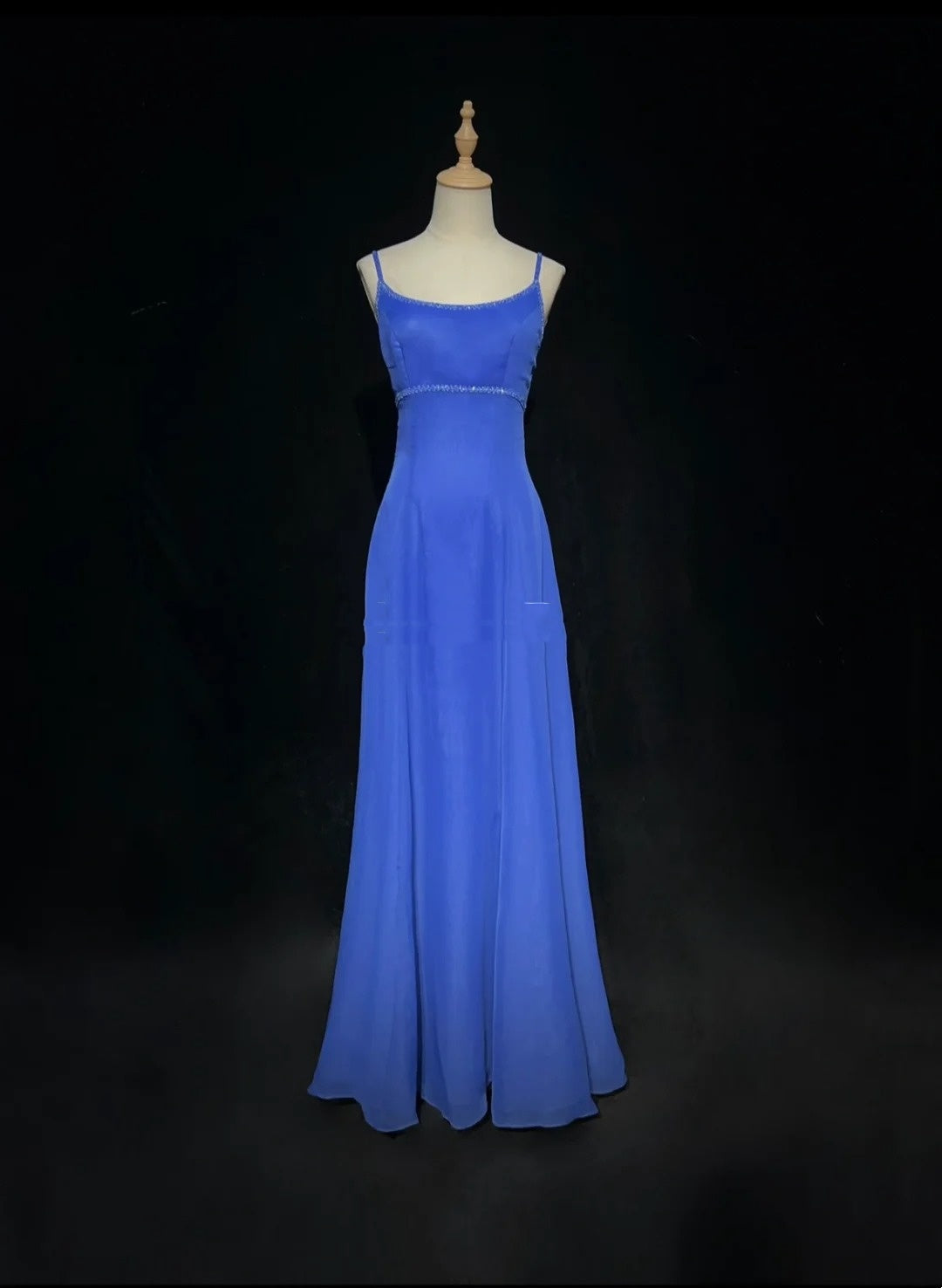 Hübsche Ballkleider A-Linie Spaghettiträger Königsblau Chiffon mit Perlen Lang Festliches Kleid N3002