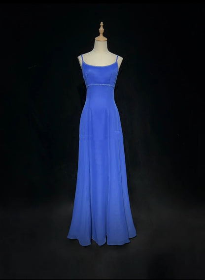 Hübsche Ballkleider A-Linie Spaghettiträger Königsblau Chiffon mit Perlen Lang Festliches Kleid N3002