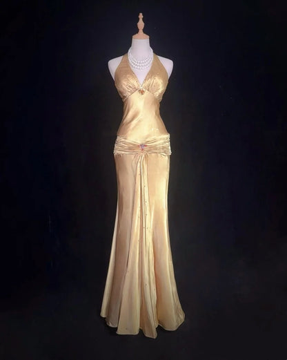 Charmante Abschlussballkleider Meerjungfrau Neckholder Gold mit Perlen Lange formelle Abendkleider N3693