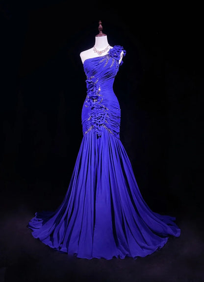 Robes de Bal Vintage Sirène Asymétrique Bleu Royal Mousseline de Soie avec Perles Fleurs 3D Robe Longue de Soirée N2458