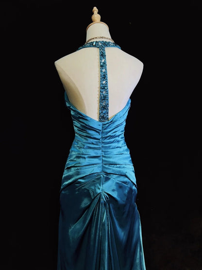 Robe de bal vintage Inspo sirène licou satin bleu longue années 90 avec des robes de soirée plissées N3356
