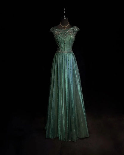 Vintage Abschlussballkleider A-Linie Rundhalsausschnitt Dunkelgrün Tüll Mit Perlen 90er Jahre Abendkleid N2590
