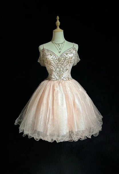 Princess Ball Gown Spaghetti Strap Blush Pink Tulle Short Homecoming Dresses Hoco Gowns N3058