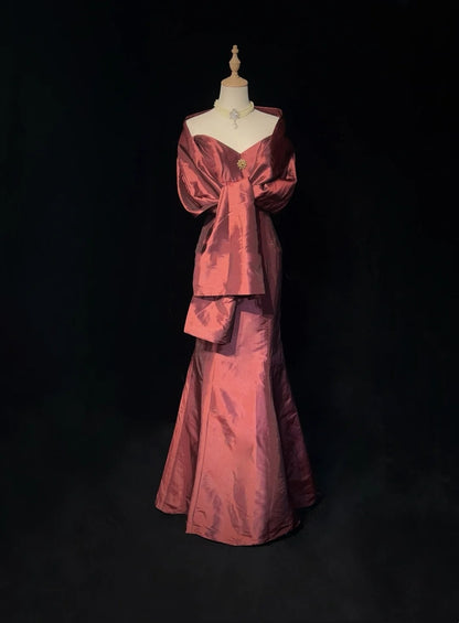 Glamouröse Ballkleider Meerjungfrau schulterfrei Rostrot mit Perlen Abendkleid N2874