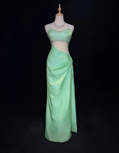 Robes de bal de promo glamour gothiques Robe de soirée semi-formelle sans manches vert menthe à bretelles spaghetti et perles N3801