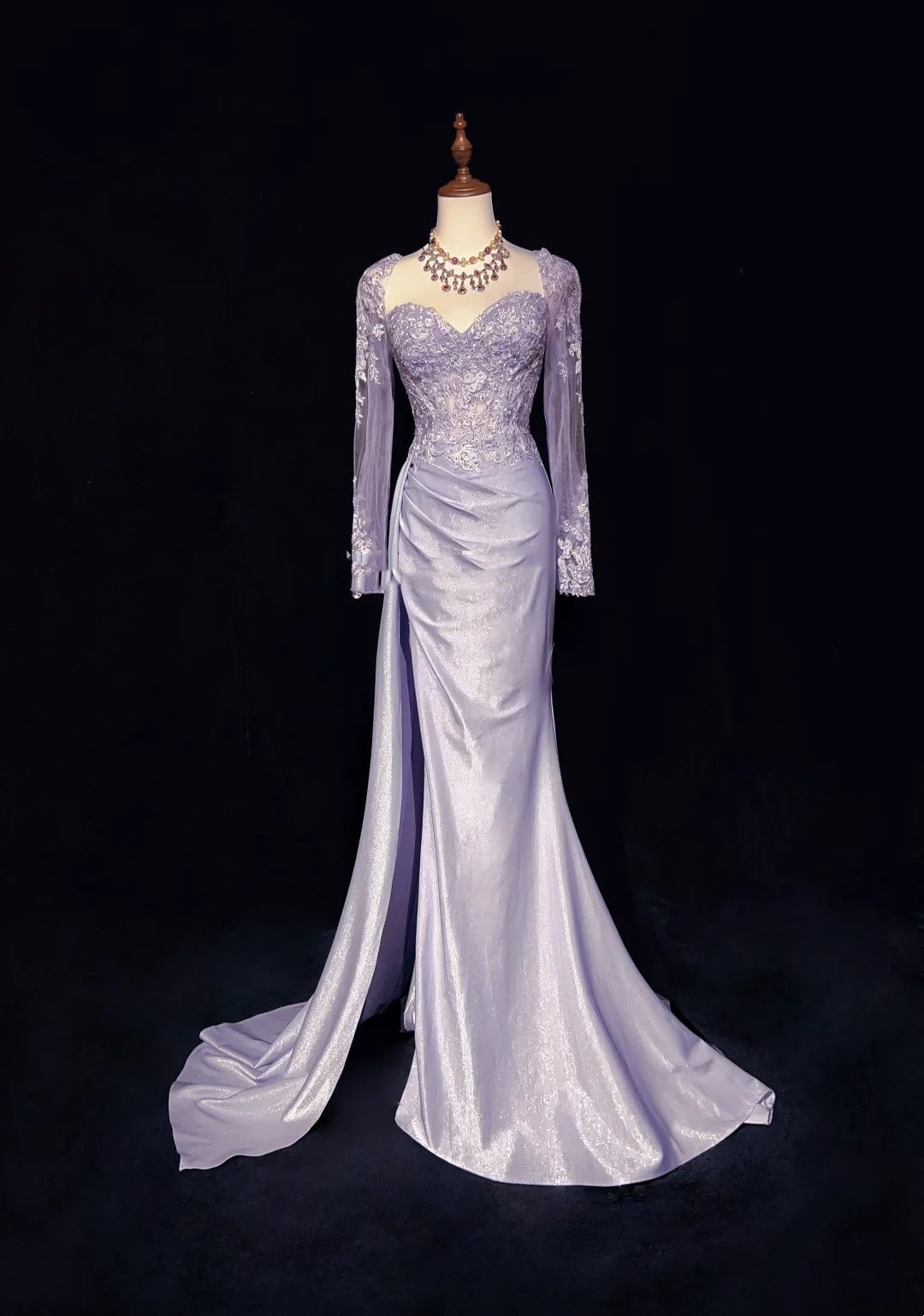 Vintage Prom Dresses 1960er Meerjungfrau Herz-Ausschnitt Flieder Mit Schlitz Langärmeliges Ballkleid N3100