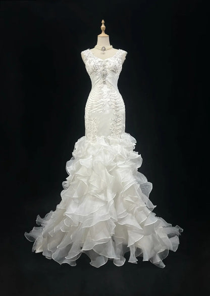 Vintage 90er Brautkleider Meerjungfrau V-Ausschnitt Stufenlagen Weiß Perlen Sommergarten Langes Brautkleid N3826