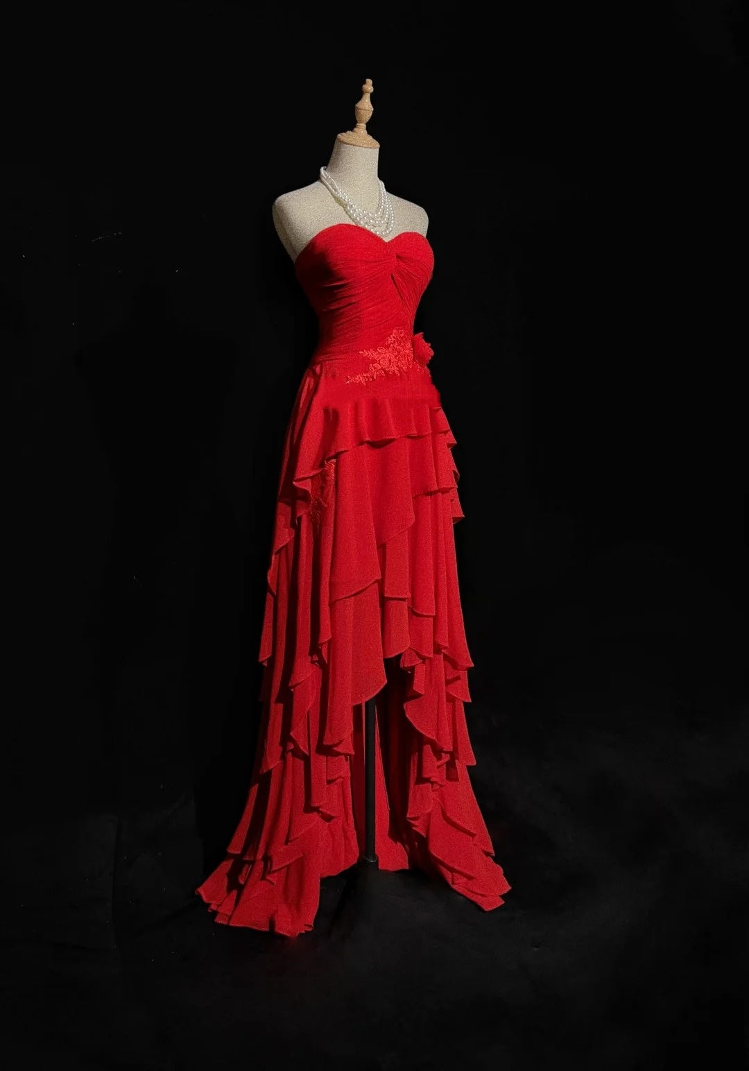 Robes de bal vintage en cœur ligne A rouges années 70 avec volants en mousseline longue robe de soirée formelle N2524