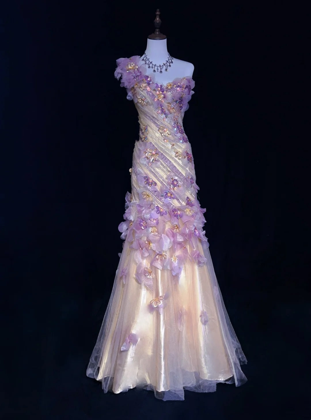 Verträumte 90er Abschlussballkleider Meerjungfrau One-Shoulder Flieder mit 3D-Blumen Formelle Abendgarderobe N3802