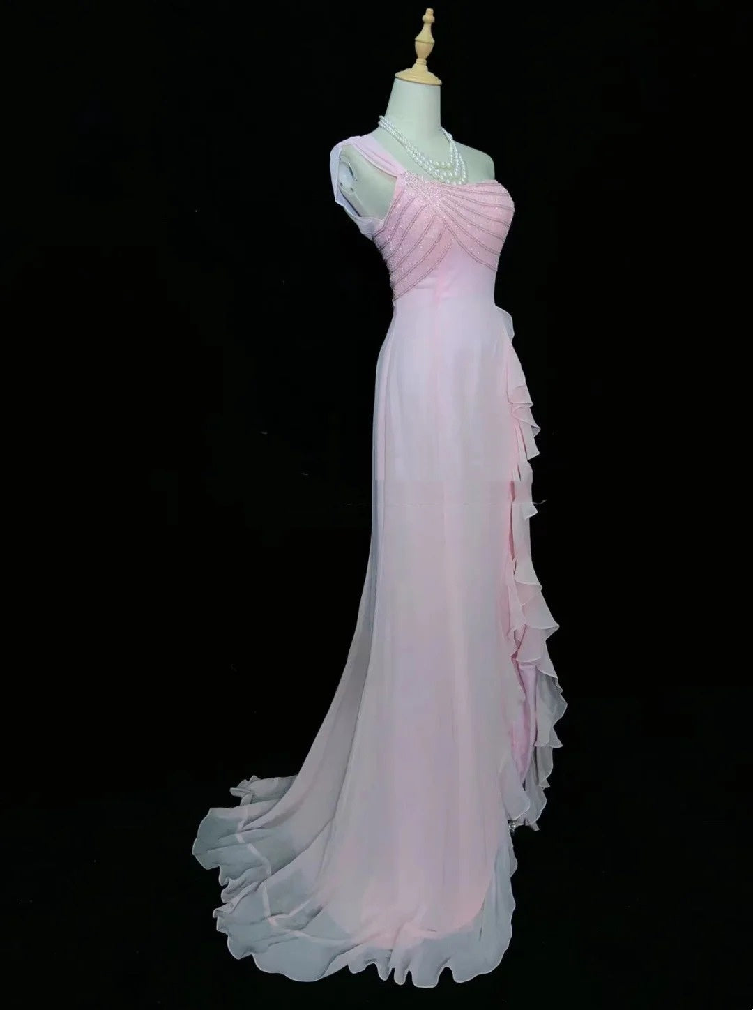 Vintage Abschlussballkleider 80er Meerjungfrau One Shoulder Pink Chiffon Ärmellos Mit Perlen Semi-Formale Abendoutfits N3620