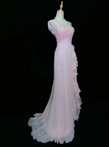 Vintage Abschlussballkleider 80er Meerjungfrau One Shoulder Pink Chiffon Ärmellos Mit Perlen Semi-Formale Abendoutfits N3620