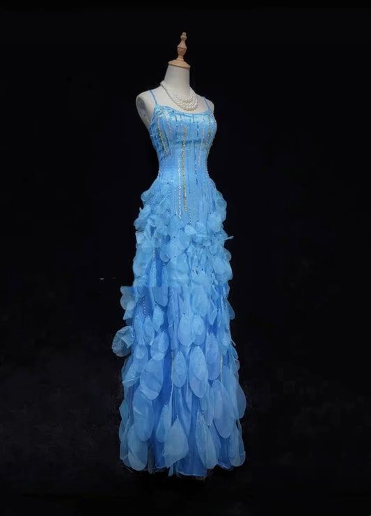 Elegantes Etui Spaghetti-Träger Blau Chiffon Mit Perlenbesetztem Oberteil Abendkleid Lange Abschlussballkleider N2727
