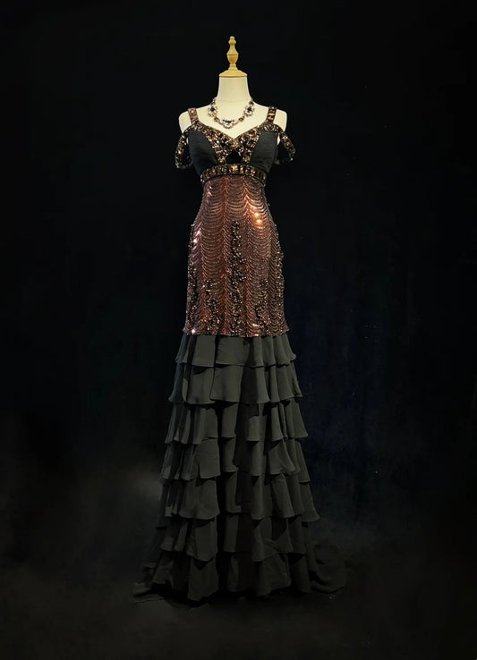 Glitzernde Ballkleider Meerjungfrau Spaghettiträger Schwarz Chiffon Mit Ärmeln Abend Outfits Langes Festliches Kleid RB3259
