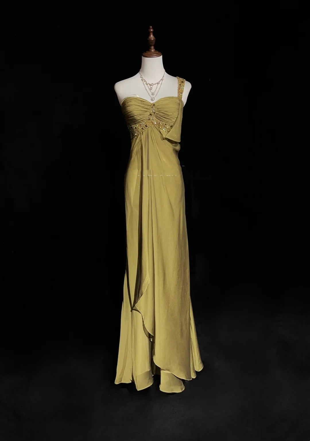 Vintage Abiballkleider A-Linie One Shoulder Gold Chiffon 1990er Lange formale Abendrobe N2664