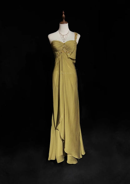 Vintage Abiballkleider A-Linie One Shoulder Gold Chiffon 1990er Lange formale Abendrobe N2664