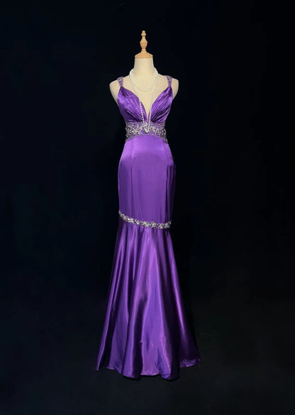 Vintage Meerjungfrau-Abschlussballkleid Spaghettiträger 80er Satin mit Perlen Stickerei rückenfrei langes Ballkleid N2515