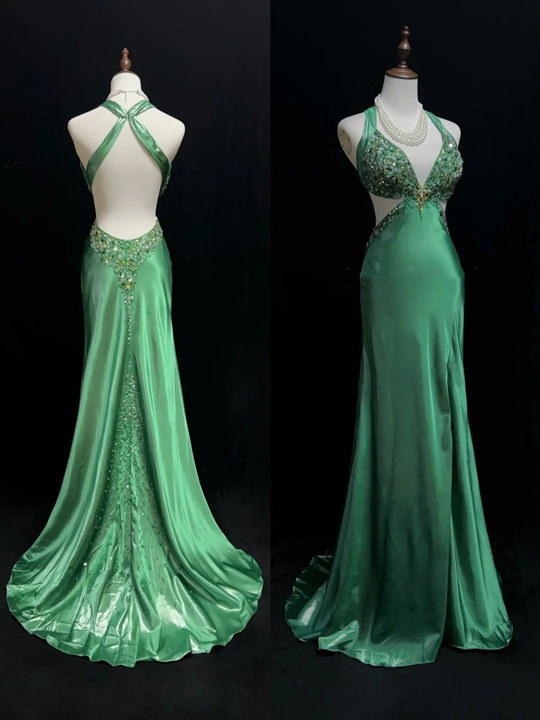 Vintage Prom Dresses Mermaid Halter Backless Green Beaded 90s Long Formal Evening Gown N2648