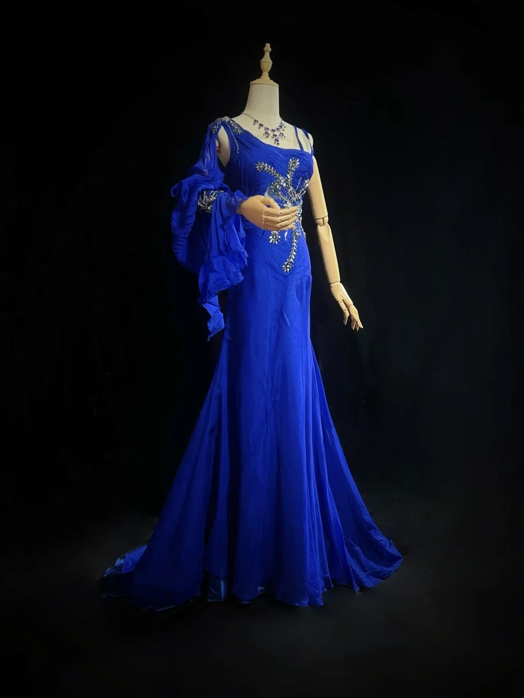 Vintage Prom Dresses Inspo Mermaid One Shoulder Royal Blue With Long Sleeve Beads 80s Long Formal Gown N2740