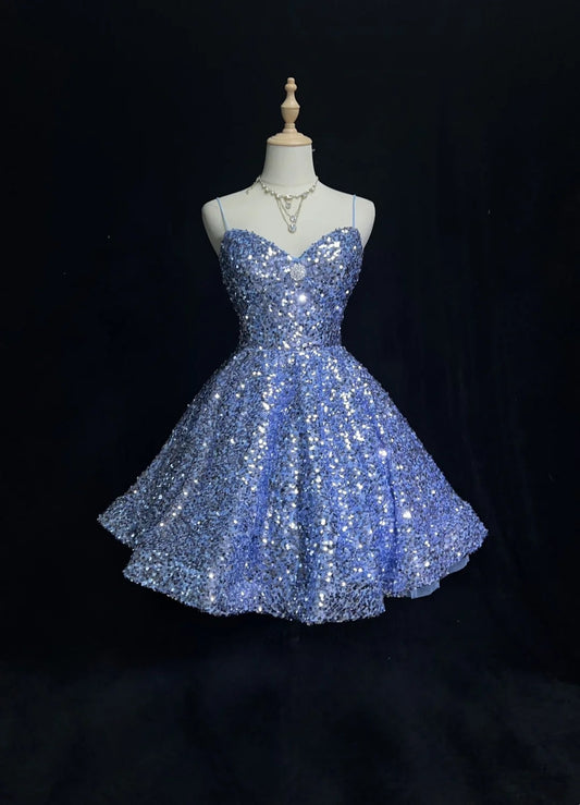 Elegantes Ballkleid Spaghettiträger Blau Pailletten Kurz Mini Homecoming Kleider N2440