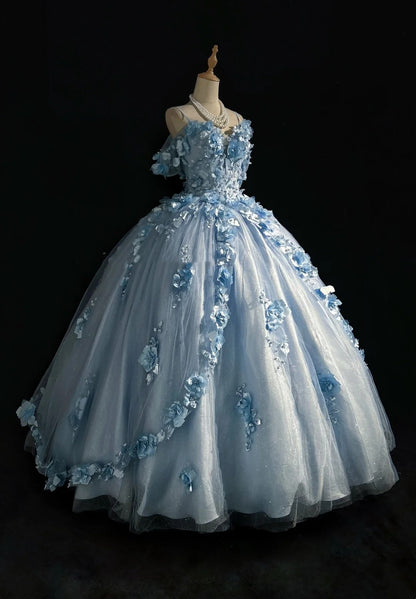 Magnifique robe de bal de promo en tulle bleu, style princesse, avec des appliqués, décolleté épaules dénudées, longue robe de soirée N2926