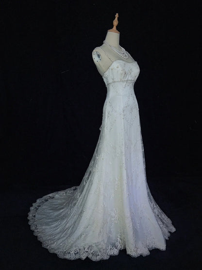 Vintage Brautkleider Inspo Meerjungfrau Spaghettiträger Weiß Lang 1980er Mit Spitze Brautkleider N3367