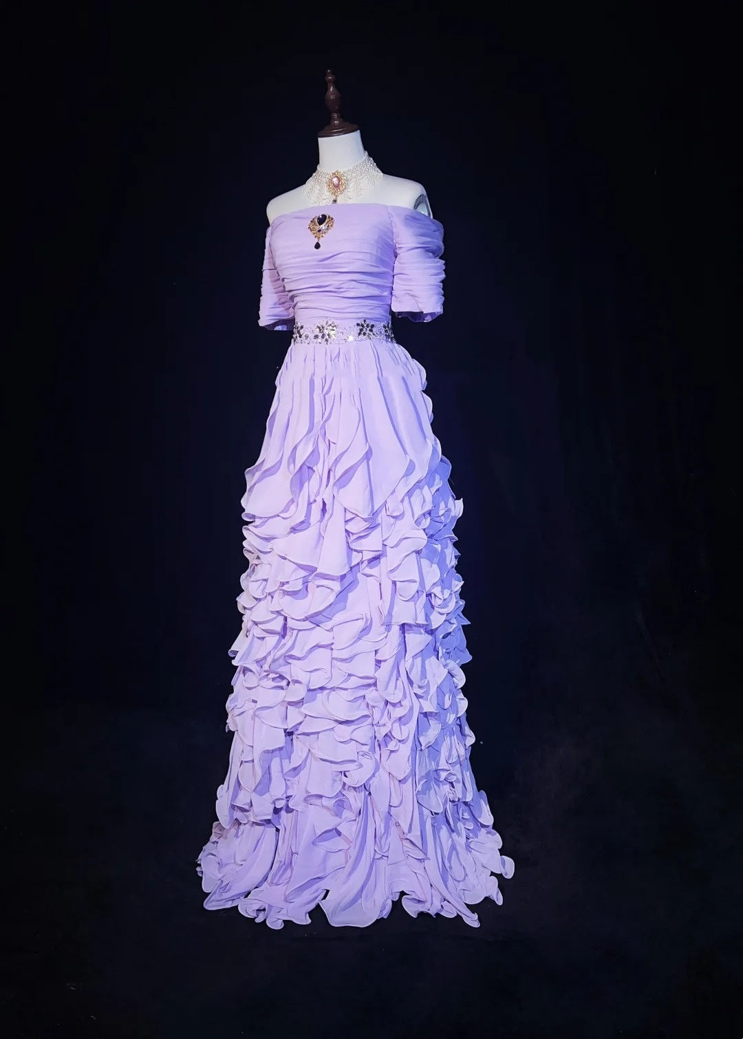 Vintage Prom Dresses A line Off The Shoulder Lilac Layers With Ruffles Short Sleeves Long Formal Dress N2511
