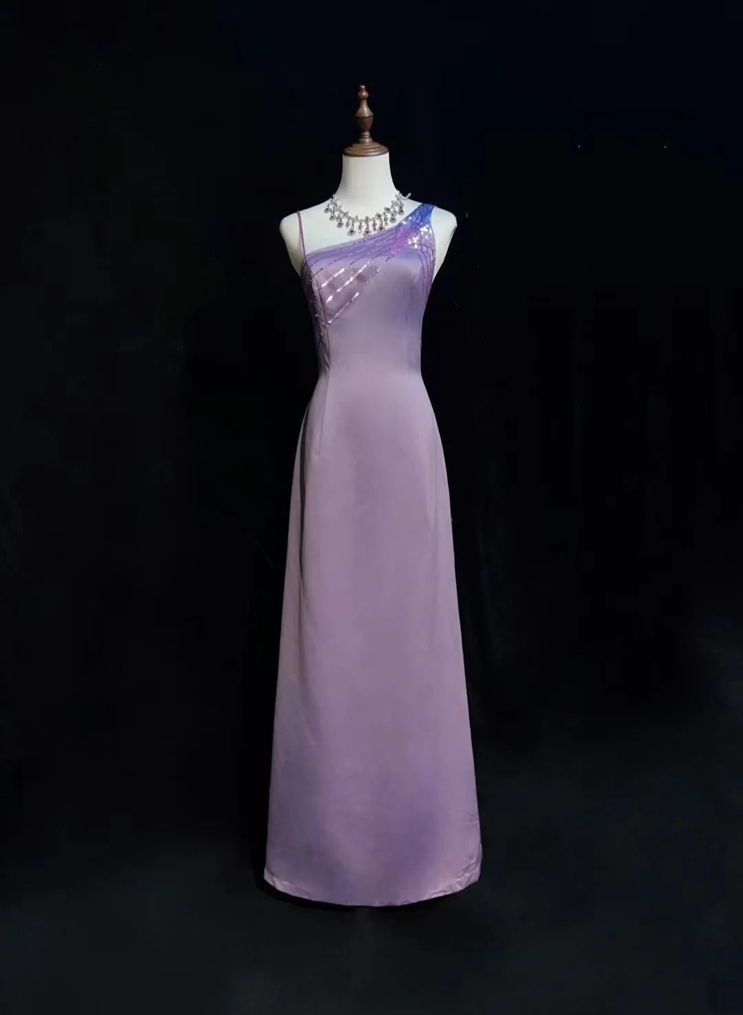 Vintage Prom Dresses A Line Lilac Satin Sleeveless 70s Beads Formal Gown N2568