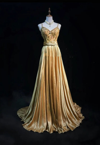 Vintage Abschlussballkleider 1950er A-Linie Spaghettiträger Goldsatin mit Perlen Ärmellose Abendgarderobe RB4335