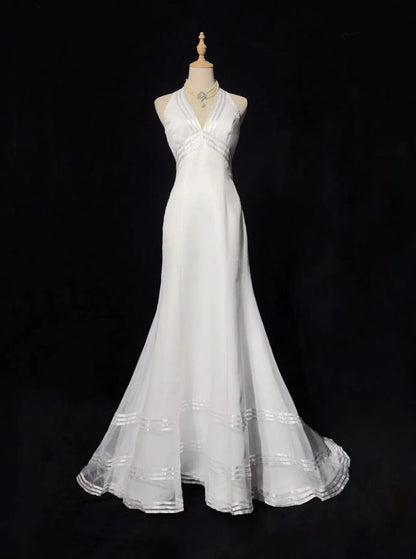 Vintage 20s Wedding Dresses Mermaid Halter White Plain Summer Garden Long Bridal Gown N3702