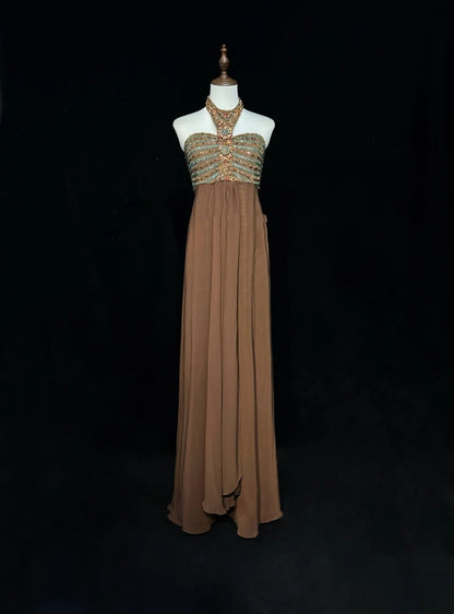 Vintage Abschlussballkleider A-Linie Neckholder Braun Chiffon mit Perlenstickerei 90er Langes Abendkleid N2592