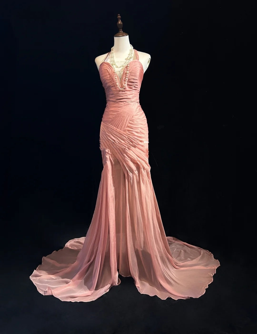 Robe de soirée longue sirène vintage rose plissée sans manches pour anniversaire, bal de promo N2447