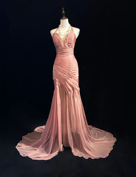 Vintage Meerjungfrau Halter Rosa Mit Falten Ärmelloses Langes Abendkleid Ballkleid Geburtstag Prom Kleider N2447