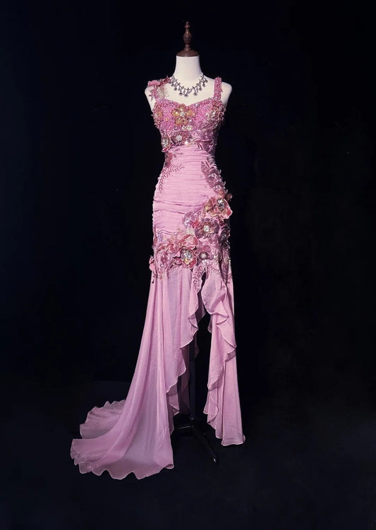 Elegantes Etui Spaghetti-Träger Rosafarbenes Chiffonkleid mit Perlenbesetztem Oberteil High-Low Ballkleid N2736