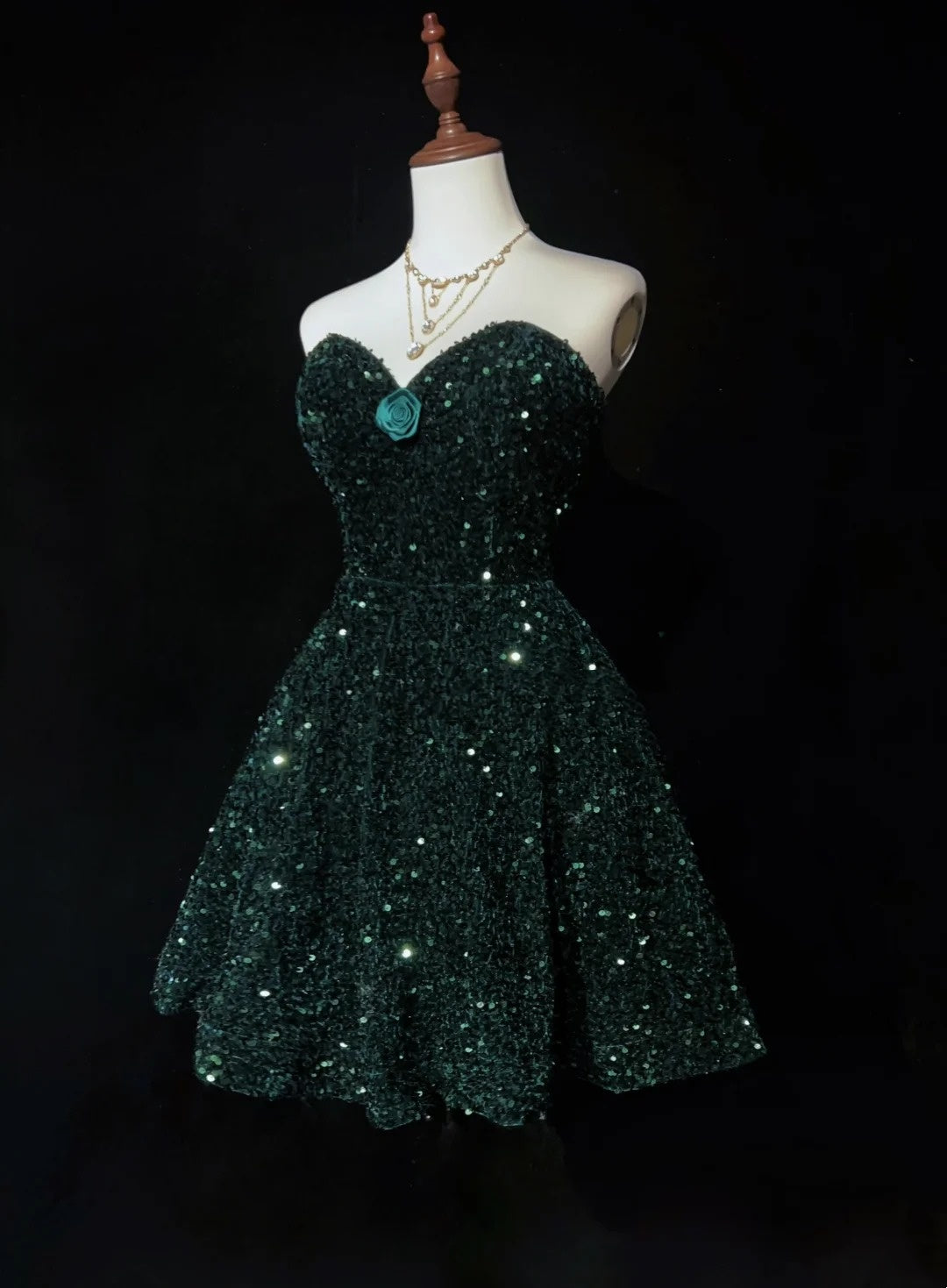 Vintage Ball Gown Sweetheart Dark Green Sequined Y2K 2000s Short Mini Homecoming Dresses N3108