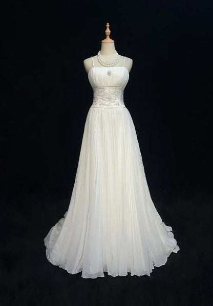 Vintage 90s Wedding Dresses A Line Spaghetti Strap Chiffon White Pleated Summer Garden Long Bridal Gown N3830