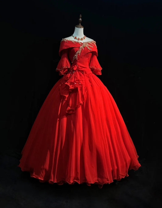 Bescheidene Ballkleider für den Abschlussball, schulterfrei, roter Tüll mit Ärmeln, langes Quinceañera-Kleid N3292