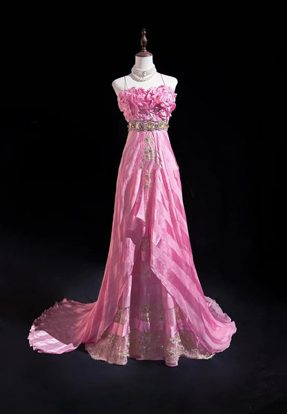 Robes de bal vintage, sirène rose à fines bretelles avec dentelle dorée, longues tenues de soirée formelles N3862