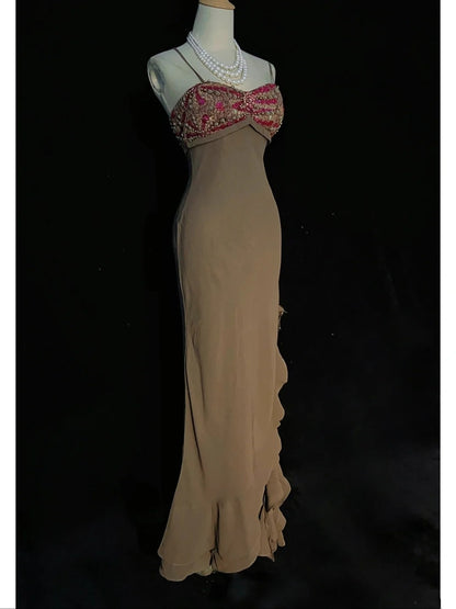 Vintage Abschlussballkleider 90er Meerjungfrau Spaghettiträger Chiffon Lang Semi-Formelle Abendkleider N3655