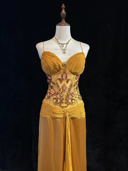Robes de bal vintage Sirène Bretelles fines Dorées avec volants Perles Mousseline Robe de soirée années 90 N2588