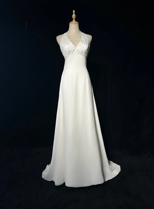 Chic A line Halter White Satin Wedding Bridal Gown Long Wedding Dresses RB5127