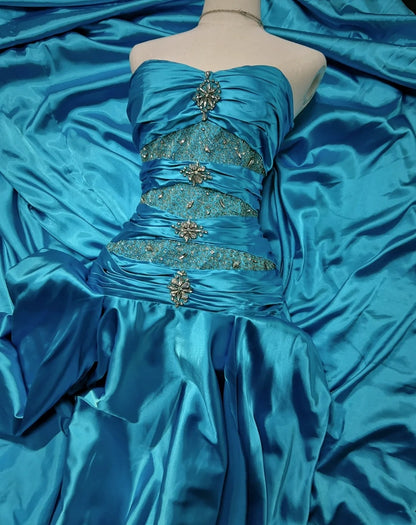 Robes de bal modestes Inspo Sirène Col en cœur en satin bleu avec perles pour femmes Robe de soirée formelle N3213