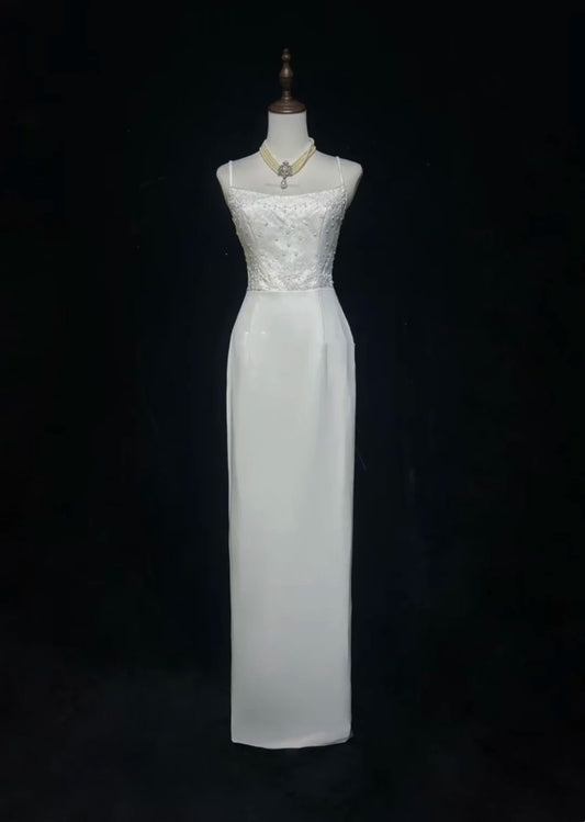 White Prom Dress Inspo Sheath Spaghetti Straps With Beading Modest Long Formal Party Gown RC0086