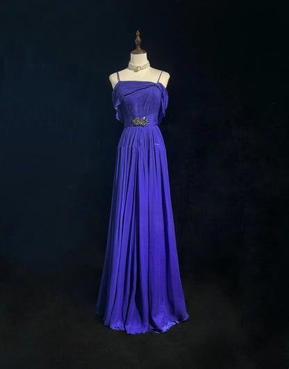 Robes de bal vintage, ligne A, fines bretelles, bleu roi, années 90, avec volants, perles, longue robe de soirée formelle N2506